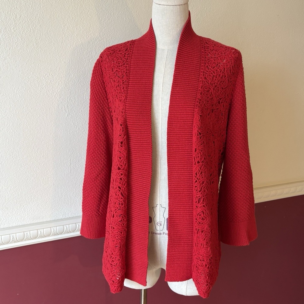 Peter Nygard Red Pointelle Open‎ Cardigan Women's L Cotton Blend Transitional